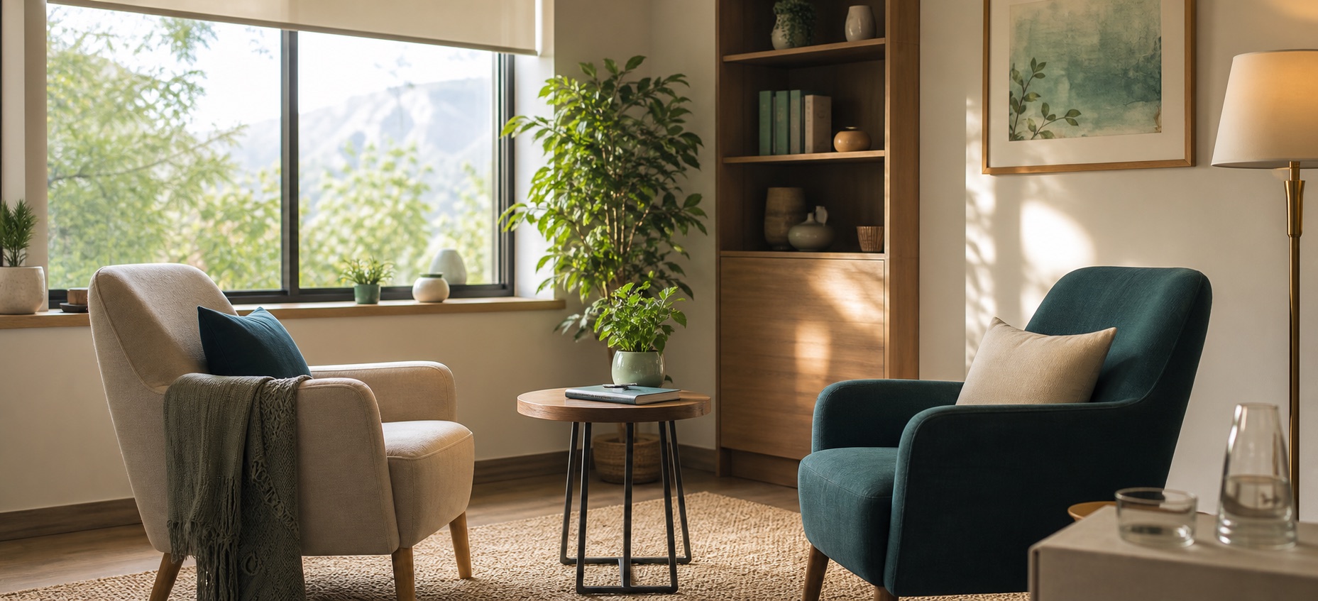 Consulta psicológica cálida con dos sillones, plantas y luz natural